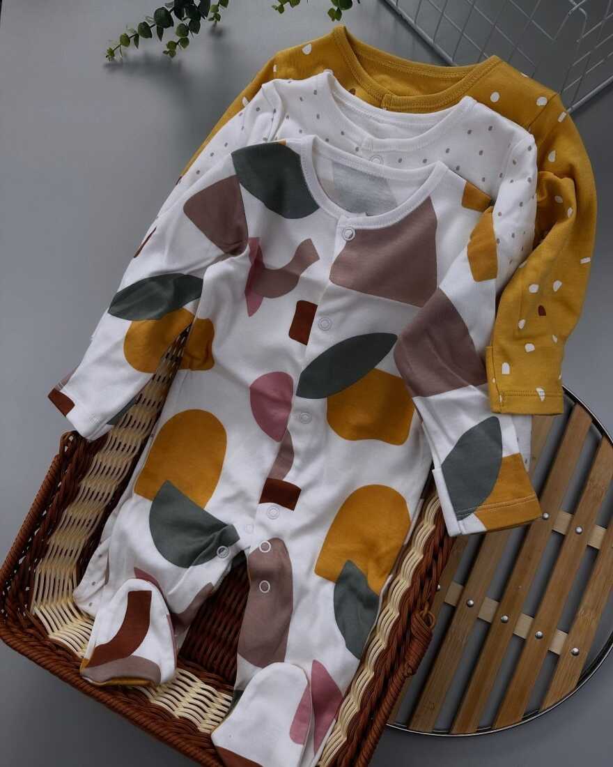 Abstract & Spotty Sleepsuits – 3-Pack 100% Cotton Baby Sleepwear (Built-In Mitts & Grippy Soles)