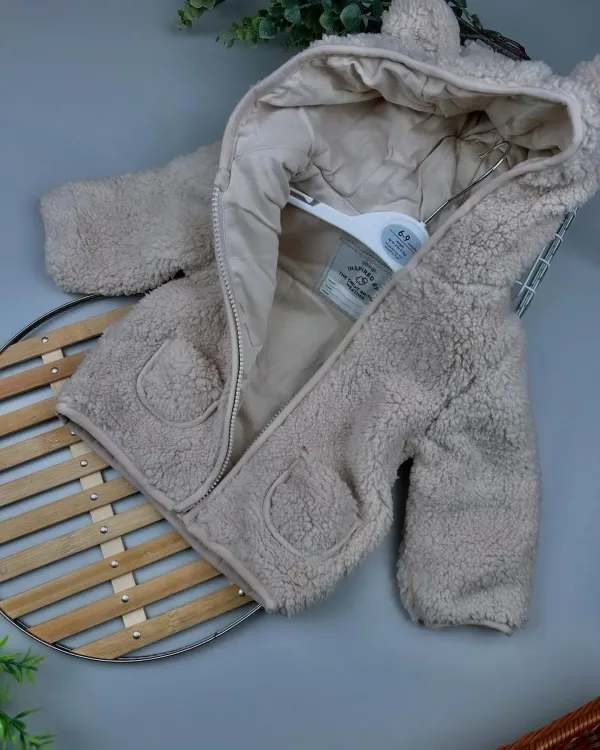 SnuggleBear™ Zip-Up Fleece Baby Jacket – Beige Borg Hooded Coat with 3D Ears