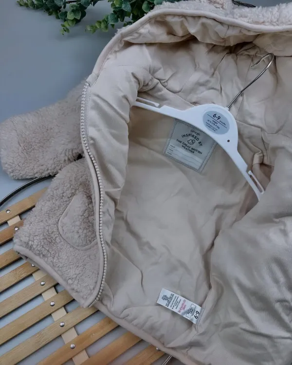 SnuggleBear™ Zip-Up Fleece Baby Jacket – Beige Borg Hooded Coat with 3D Ears - Image 2