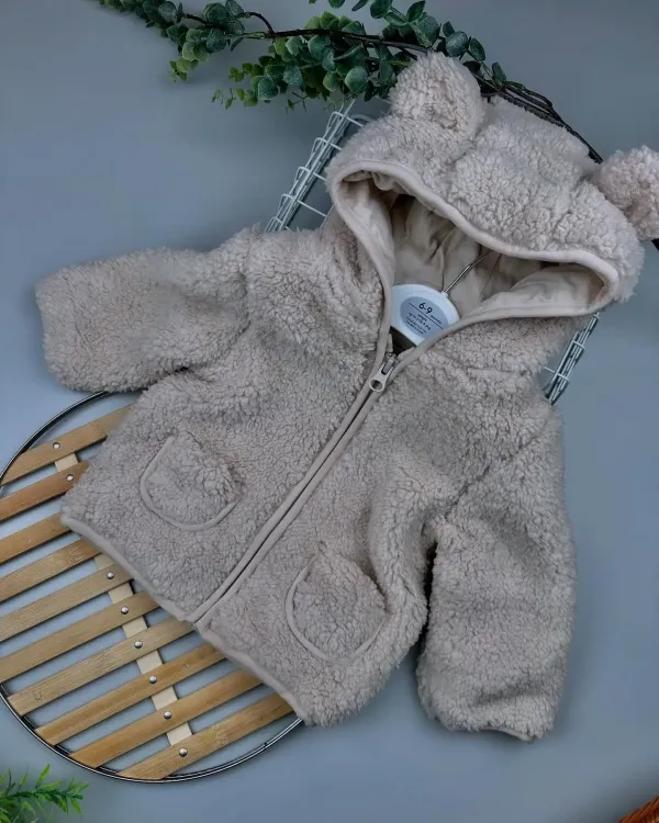 SnuggleBear™ Zip-Up Fleece Baby Jacket – Beige Borg Hooded Coat with 3D Ears - Image 3