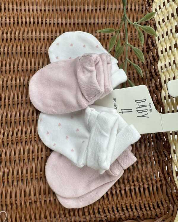 Pink Heart Baby Scratch Mittens 4 Pack – 100% Cotton Newborn Essentials