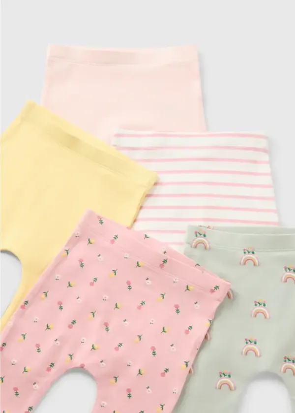 Baby Girl Multicolour Leggings – 5-Pack Floral, Rainbow & Stripe Print with Soft Stretch Waist