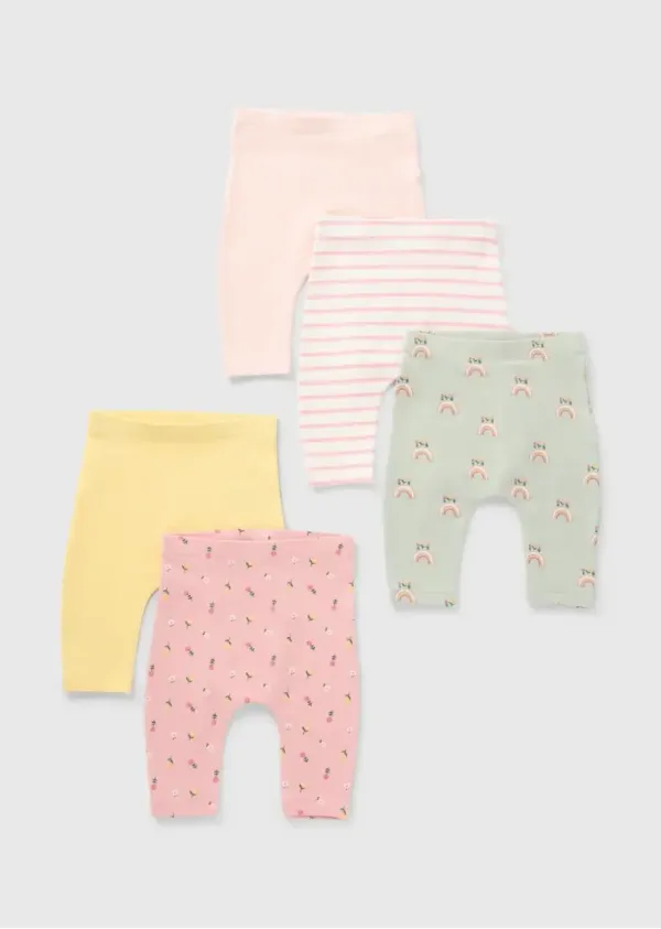 Baby Girl Multicolour Leggings – 5-Pack Floral, Rainbow & Stripe Print with Soft Stretch Waist - Image 2