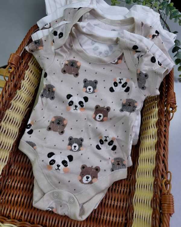 Baby Beige Panda Stripe Bodysuits (Newborn-24mths) 5-Pack