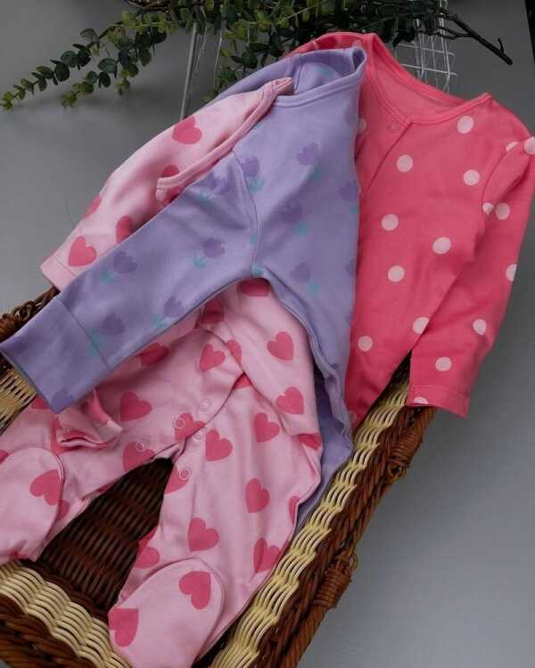 Baby Girl Tulip Heart Sleepsuits 3 Pack – Cotton Footed Sleepwear with Scratch Mitts - Image 2