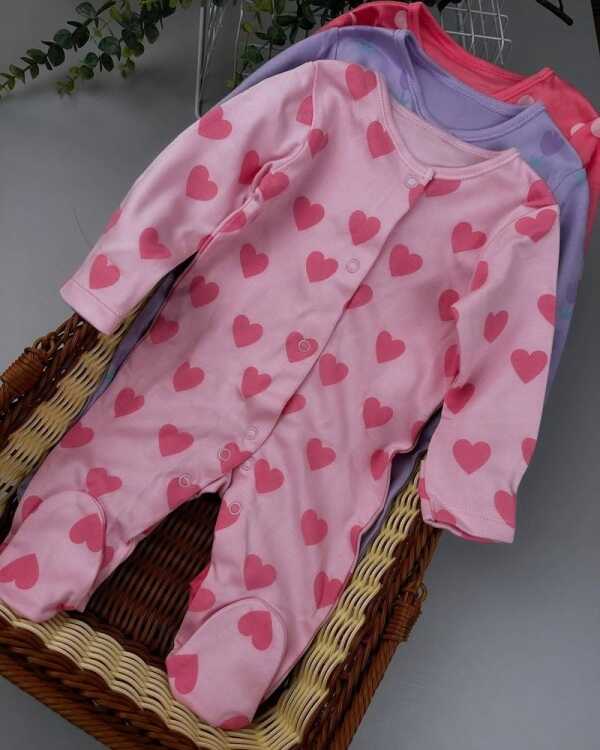 Baby Girl Tulip Heart Sleepsuits 3 Pack – Cotton Footed Sleepwear with Scratch Mitts