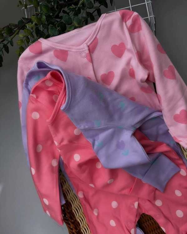 Baby Girl Tulip Heart Sleepsuits 3 Pack – Cotton Footed Sleepwear with Scratch Mitts - Image 3