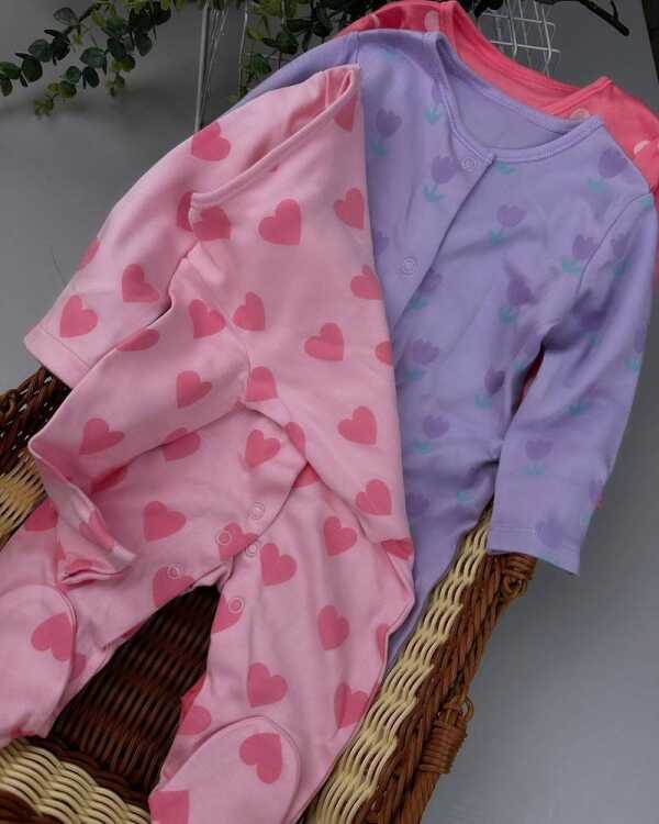 Baby Girl Tulip Heart Sleepsuits 3 Pack – Cotton Footed Sleepwear with Scratch Mitts - Image 4