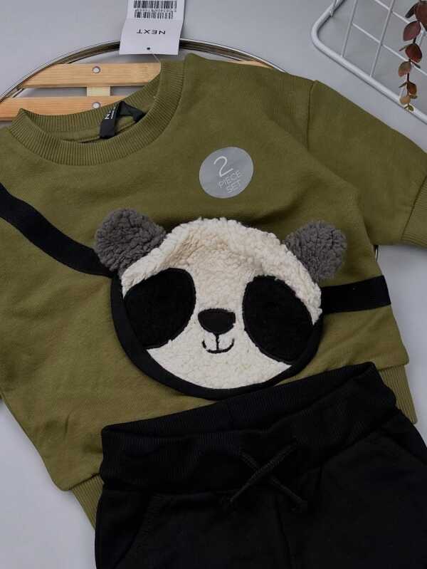Khaki Green Panda Baby Sweatshirt & Joggers Set – 100% Cotton - Image 3