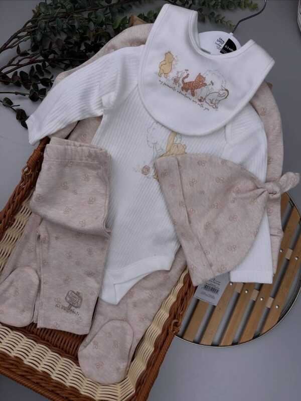 White Baby Sleepsuit, Bodysuit, Pant, Beanie & Bib Set – 100% Cotton