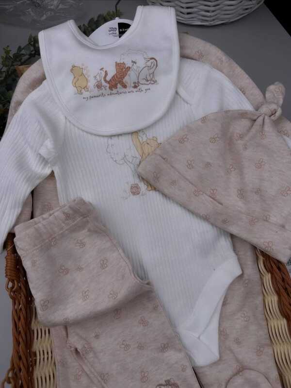 White Baby Sleepsuit, Bodysuit, Pant, Beanie & Bib Set – 100% Cotton - Image 3